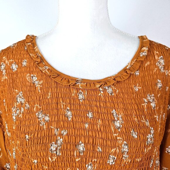 New Terra & Sky Plus Size 4X Long Sleeve Smocked Top Floral Print Mustard Yellow - Picture 6 of 12